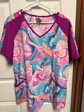Scrubstar Women's V-neck Scrub Top in Pink, Teal & Purple Marble Print
